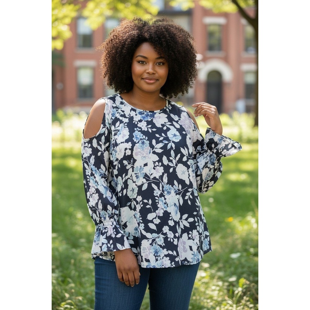 J. Jill Navy Blue Floral Cold Shoulder Blouse Smocked Ruffle Cuff Large